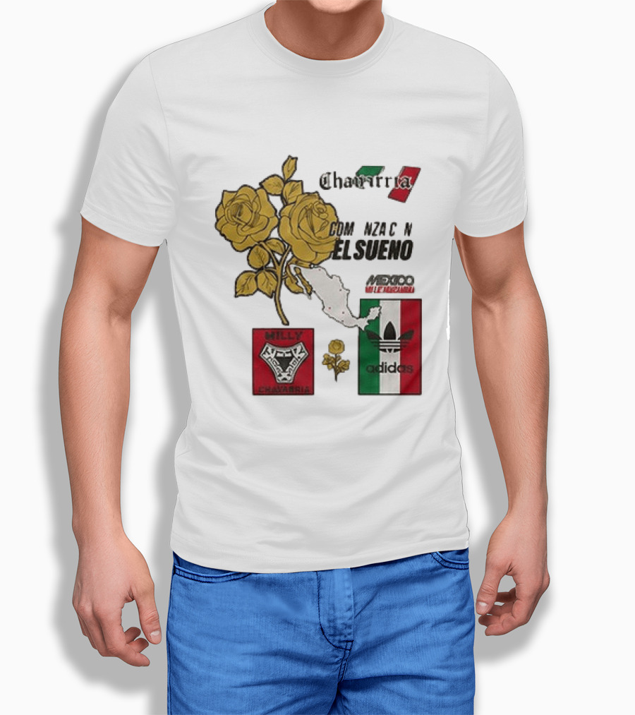 Mexico Willy Chavarria Adidas Comienza Con El Sueno 2026 Collaboration Gold Roses Map Mexican Flag T-Shirt