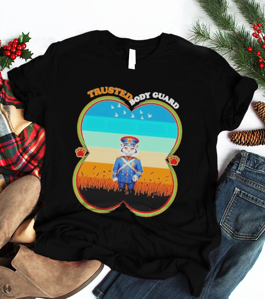 Trusted Body Guard Cat In Uniform With Sunset And Bird T-Shirt