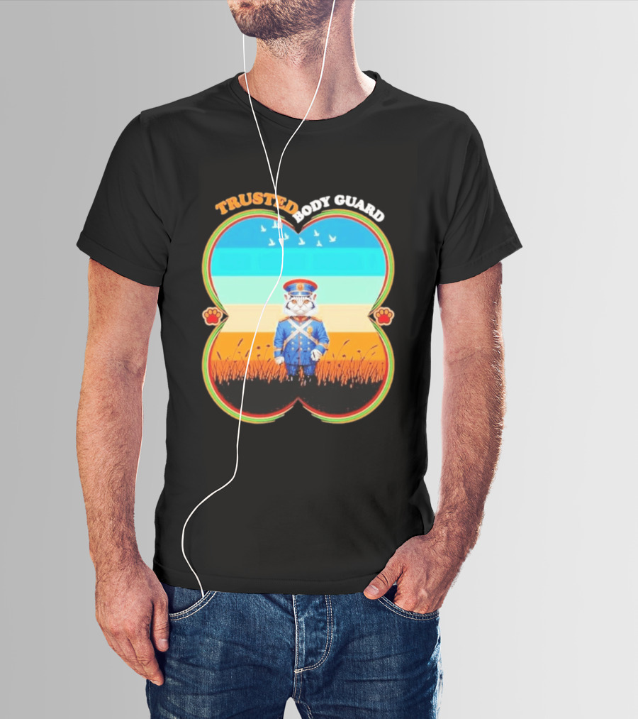 Trusted Body Guard Cat In Uniform With Sunset And Bird T-Shirt