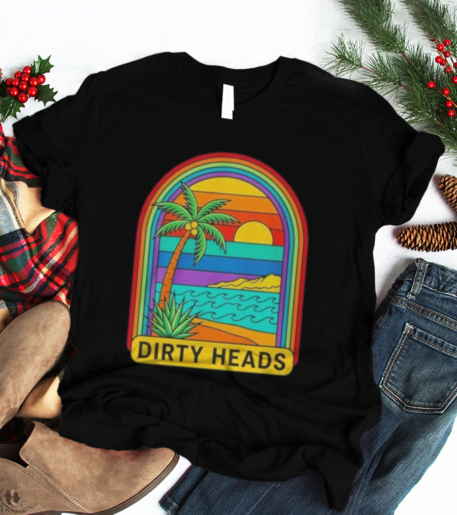 Dirty Heads Vibrant Sunset Beach Scene With Palm Tree And Waves T-Shirt