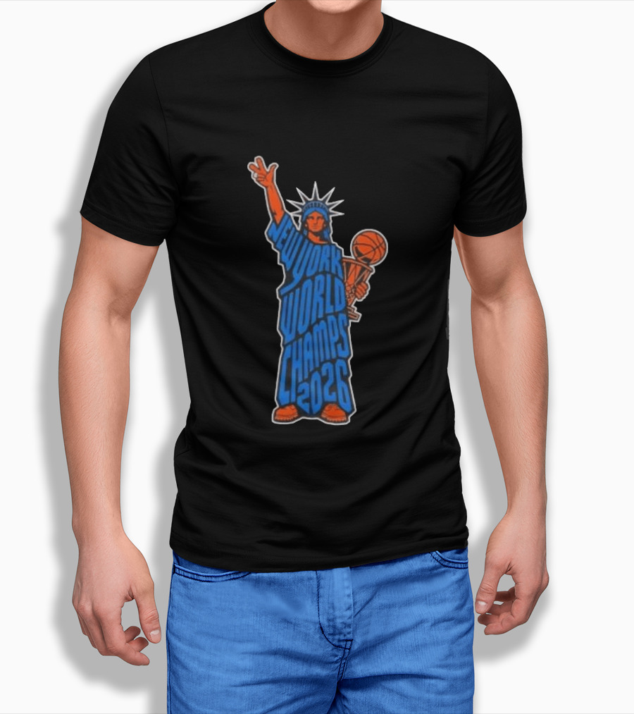 New York Knicks Statue Of Liberty World Champs 2026 Trophy T-Shirt