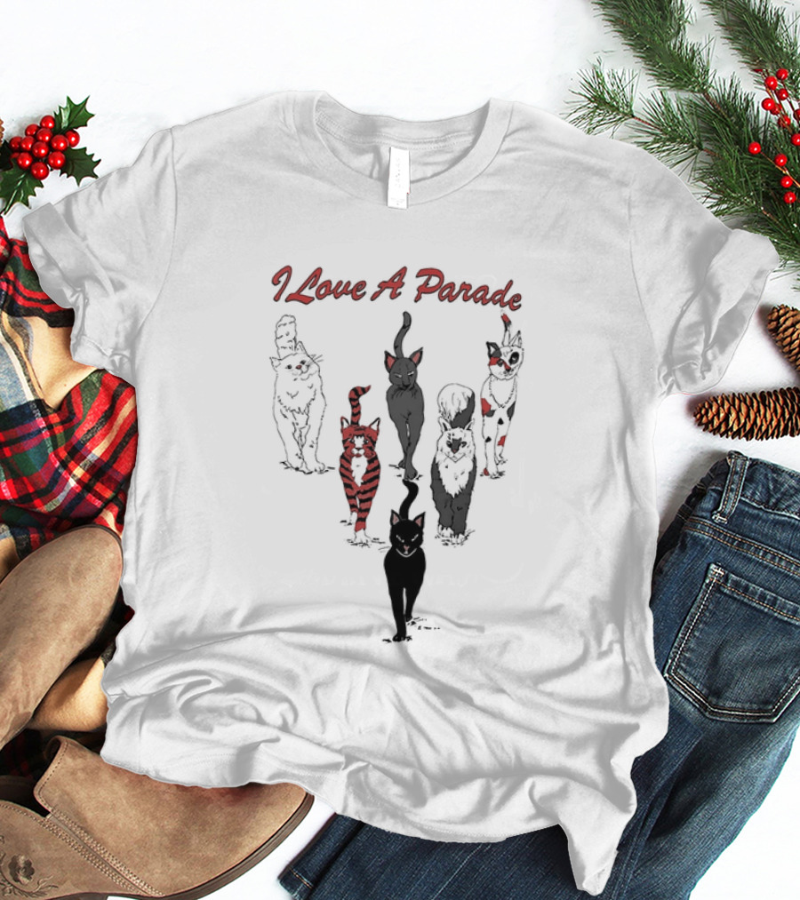 I Love A Parade Walking Cats Black Silhouettes Red Stripes T-Shirt