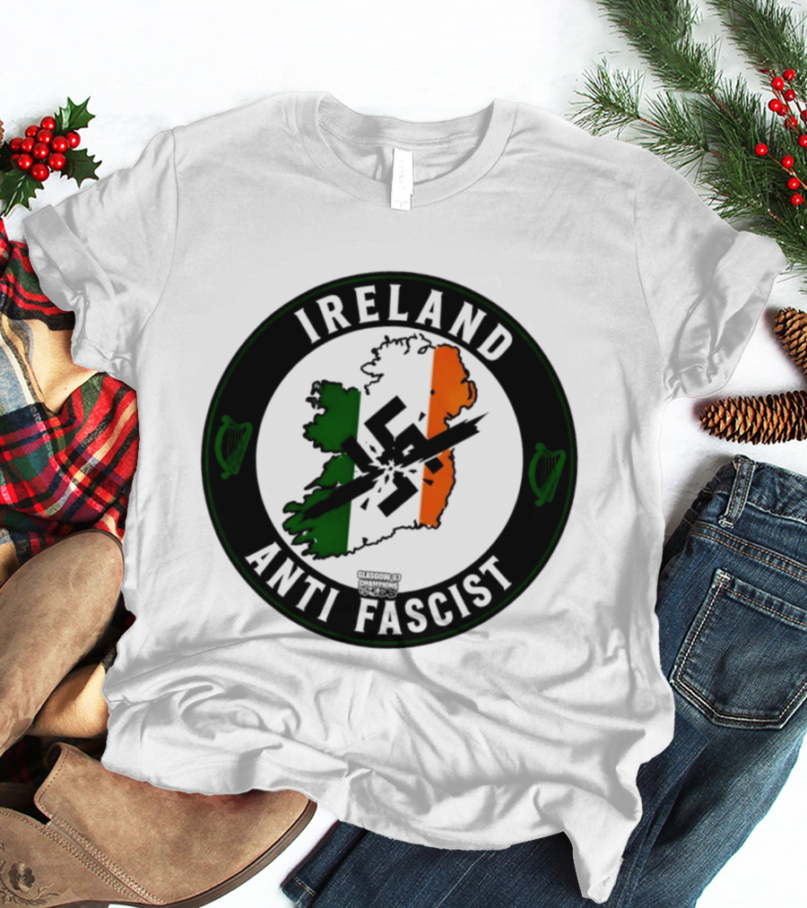 Ireland Anti Fascist Map Design With Tri Color Stripes And Crossed Out T-Shirt