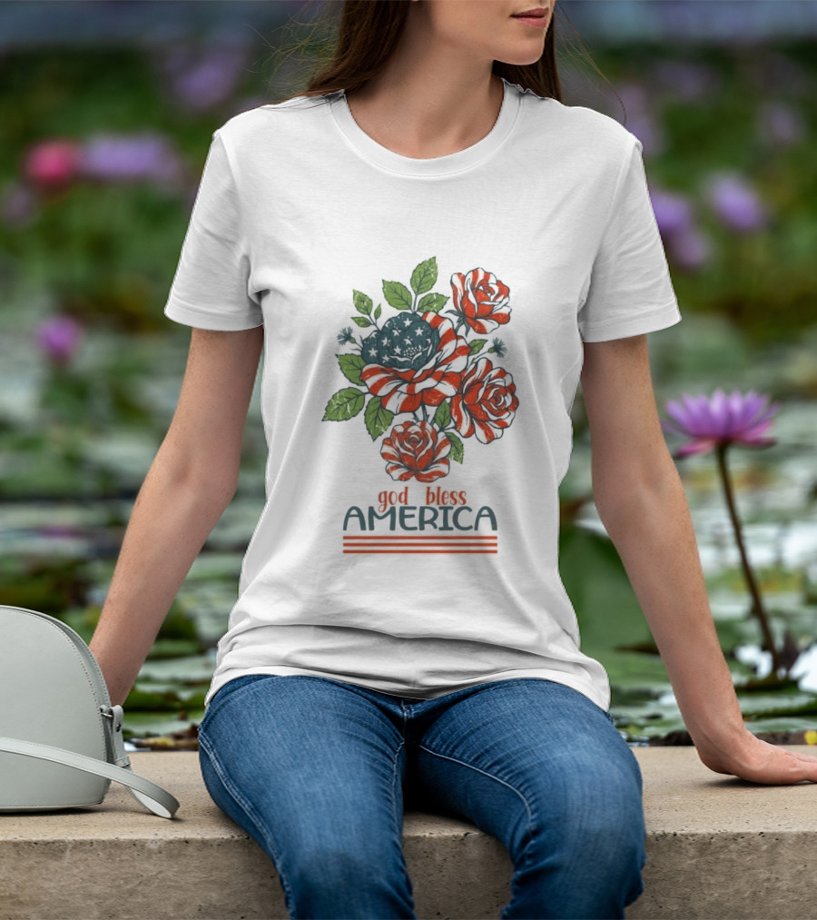 Patriotic Floral God Bless America Roses With Red White Blue Stripes T-Shirt