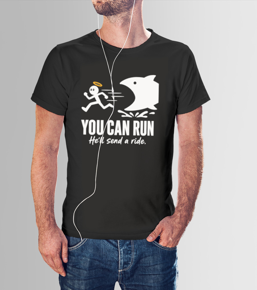 Angel Fleeing Shark You Can Run He'll Send A Ride Humor T-Shirt