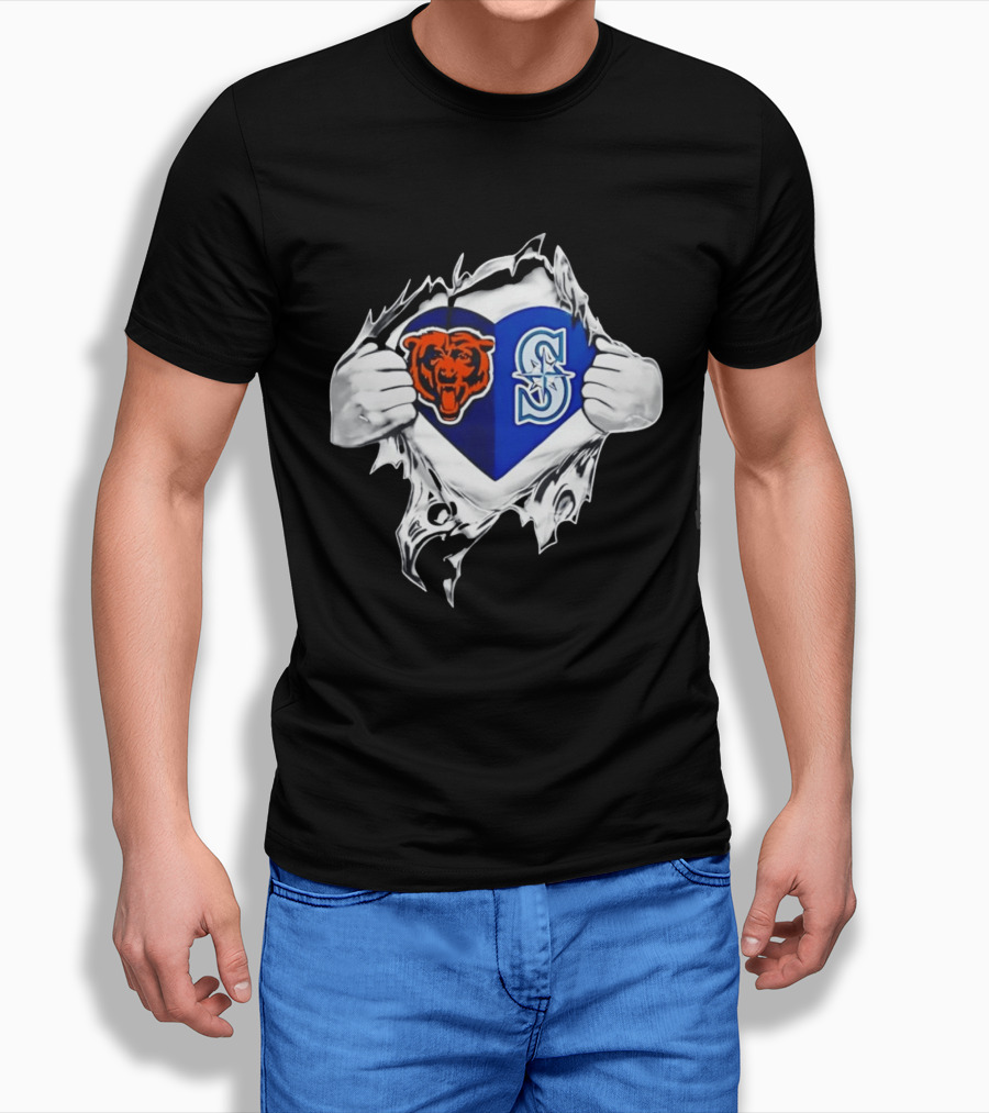 Chicago Bears Seattle Mariners Heart Ripping Through Chest Sports Fan T-Shirt