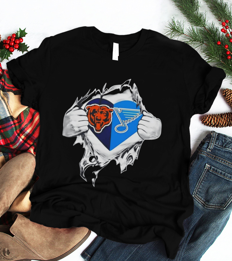 Chicago Bears St Louis Blues Heart Ripping Open Chest Fans Passion Fusion T-Shirt
