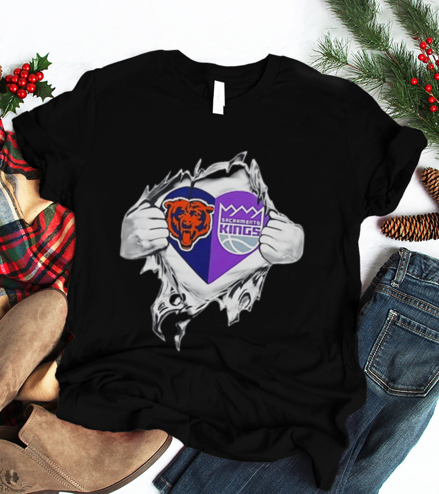 Heart Rip Chicago Bears Sacramento Kings Fan Logo Combo T-Shirt