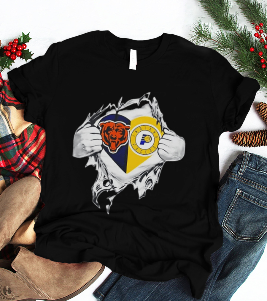 Heart Ripping Open Chicago Bears Indiana Pacers Fans Dual Team Loyalty T-Shirt