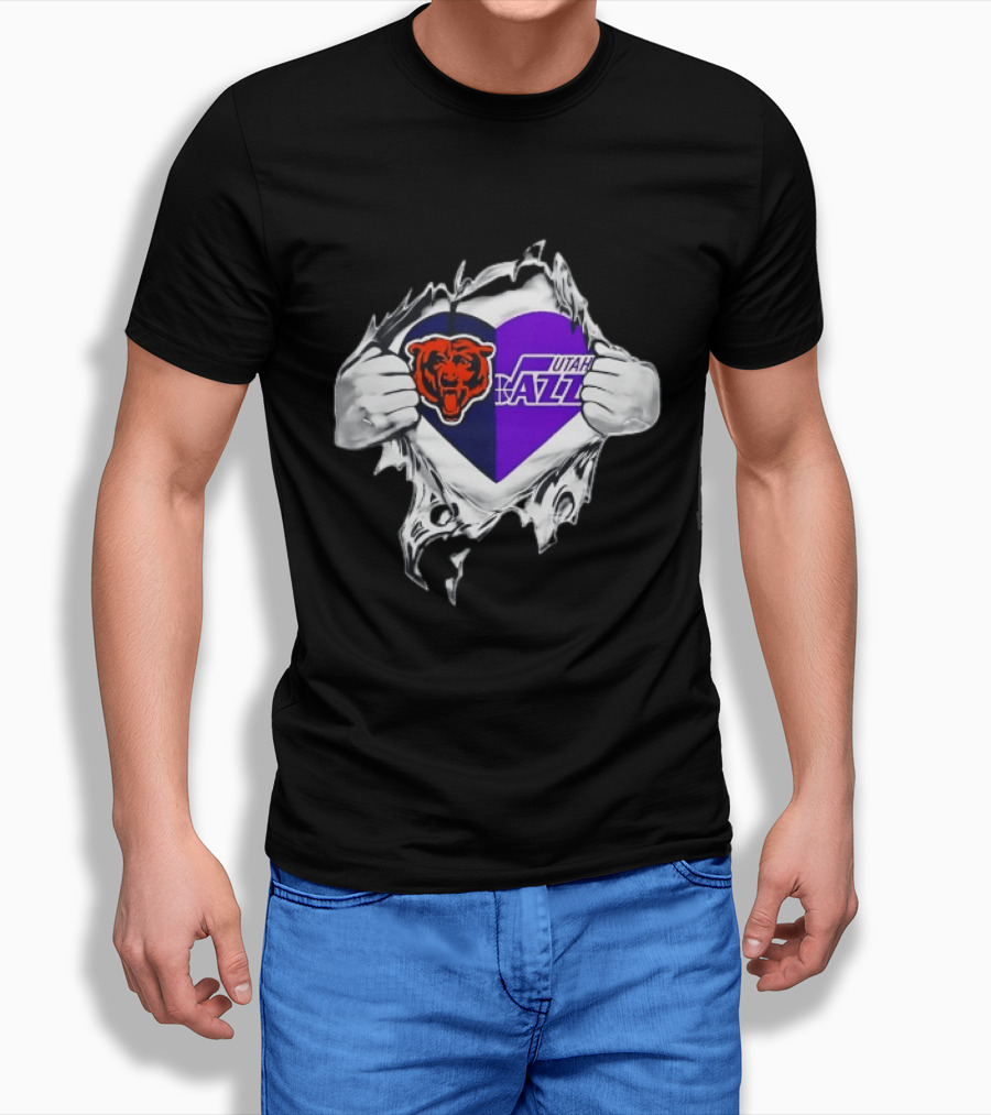 Heart Split Chicago Bears Utah Jazz Team Logos T-Shirt
