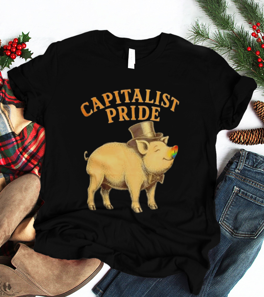 Capitalist Pride Pig With Rainbow Nose And Top Hat Bow Tie T-Shirt