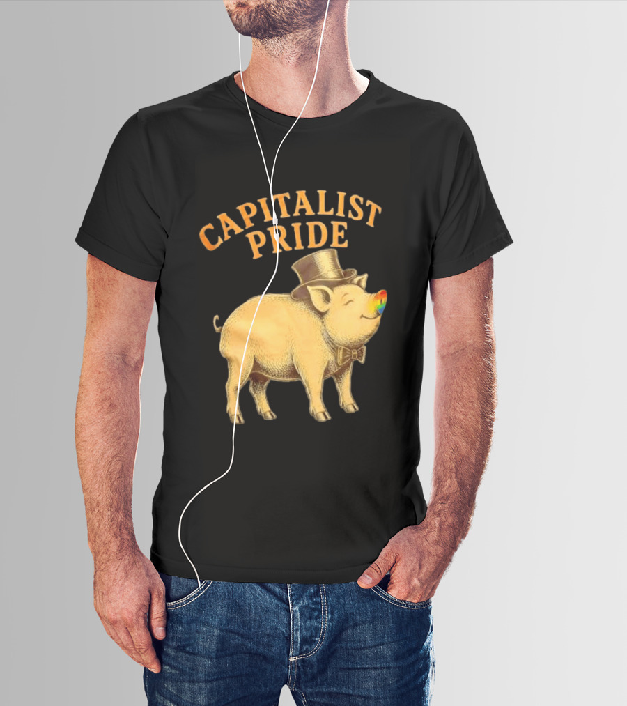 Capitalist Pride Pig With Rainbow Nose And Top Hat Bow Tie T-Shirt