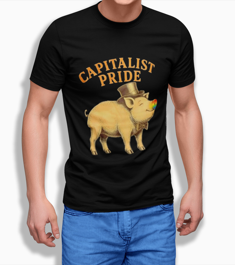 Capitalist Pride Pig With Rainbow Nose And Top Hat Bow Tie T-Shirt