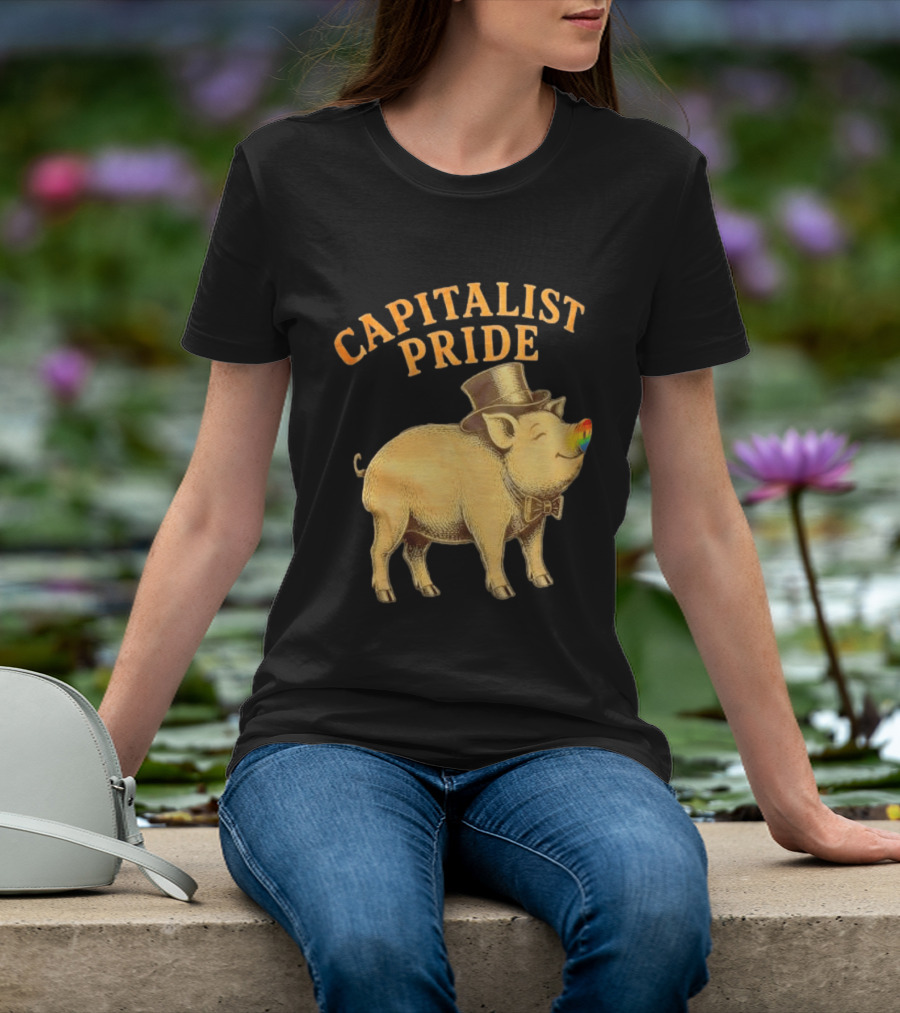 Capitalist Pride Pig With Rainbow Nose And Top Hat Bow Tie T-Shirt