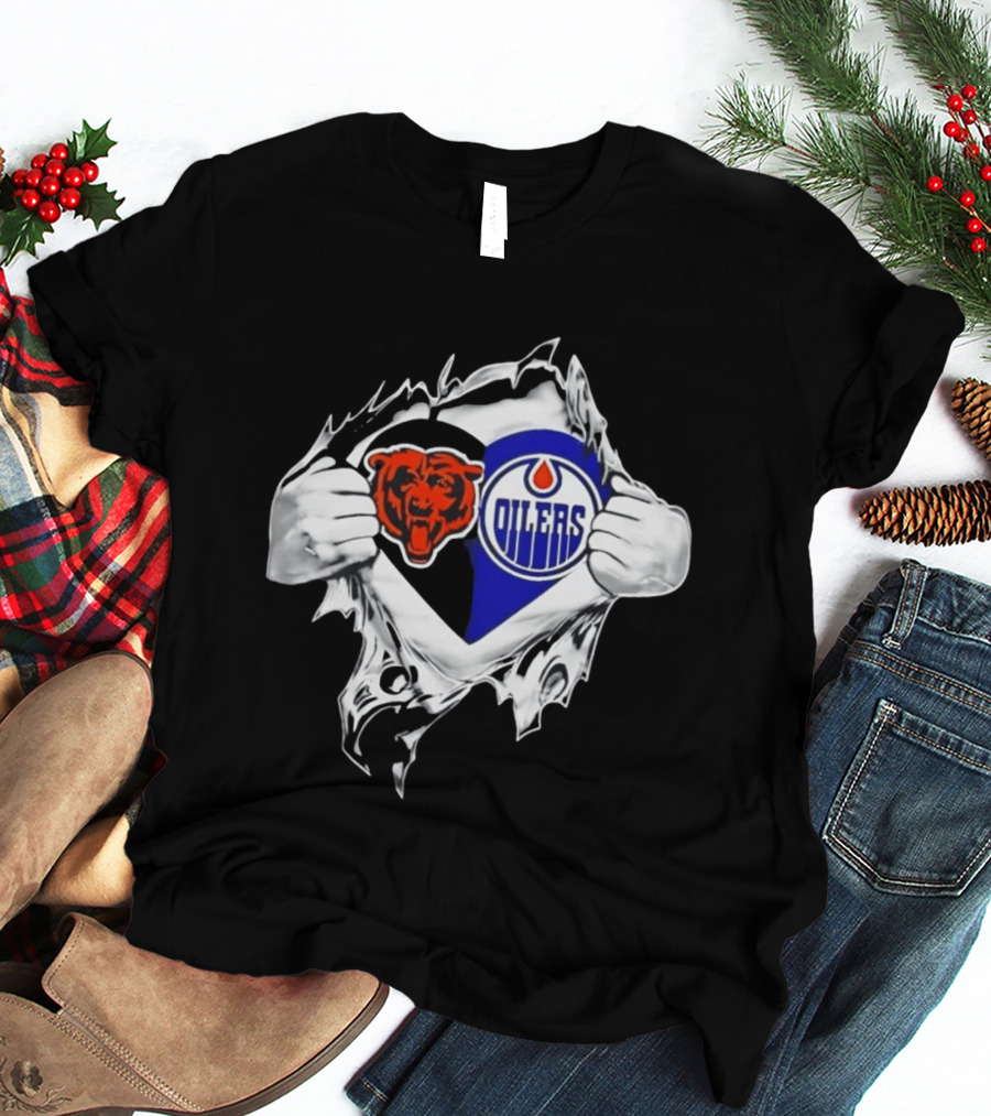 Chicago Bears And Edmonton Oilers Logo Heart Tear T-Shirt
