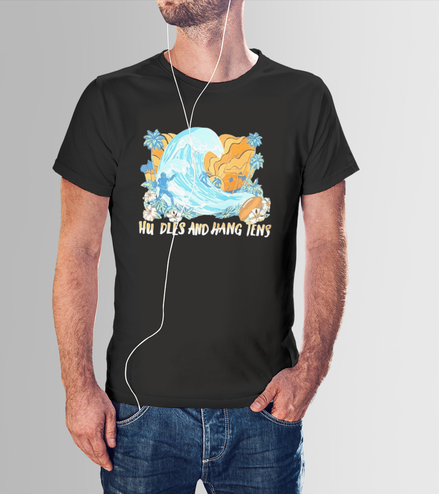 Los Angeles Chargers Tommy Bahama Huddle And Hang Tens Tropical Wave Football Scene T-Shirt