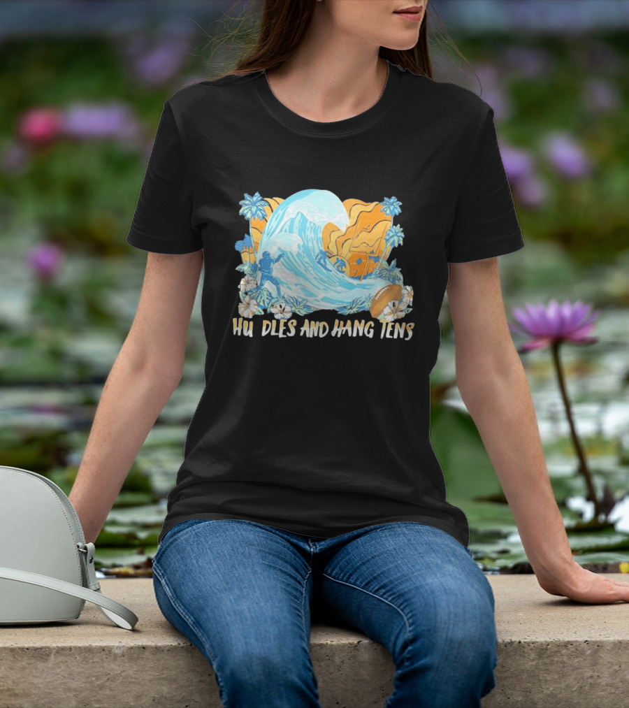 Los Angeles Chargers Tommy Bahama Huddle And Hang Tens Tropical Wave Football Scene T-Shirt