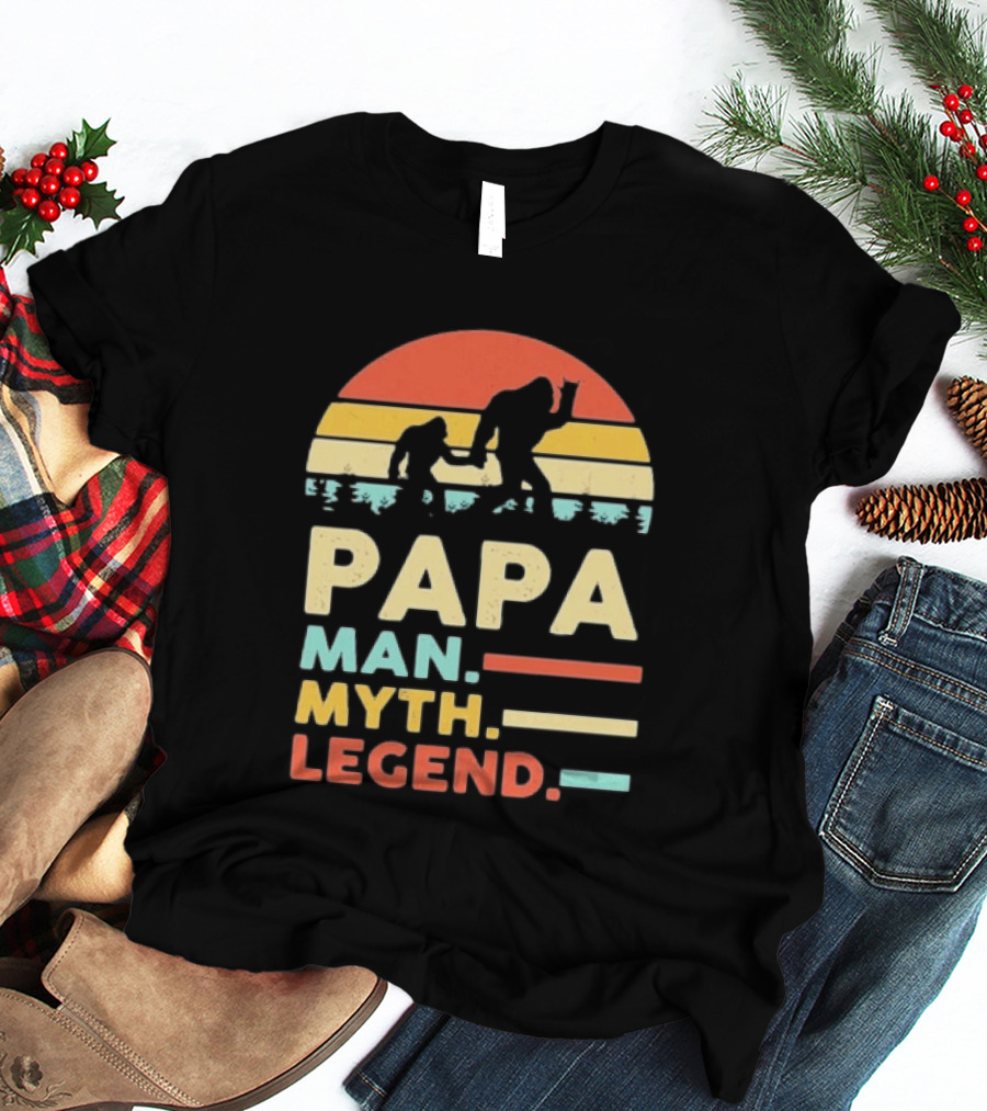 Papa Man Myth Legend Bigfoot Retro Sunset T-Shirt
