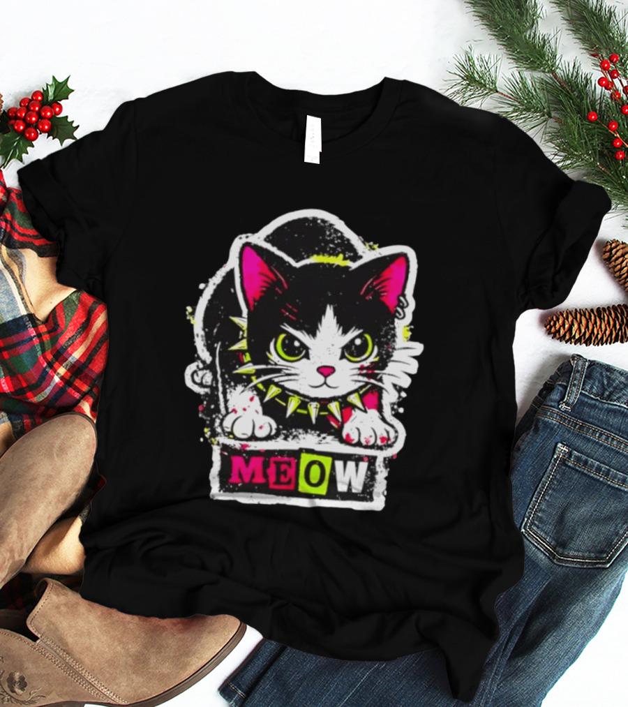 Punk Rock Cat Studded Collar Meow For Music Fans And Cat Lovers T-Shirt