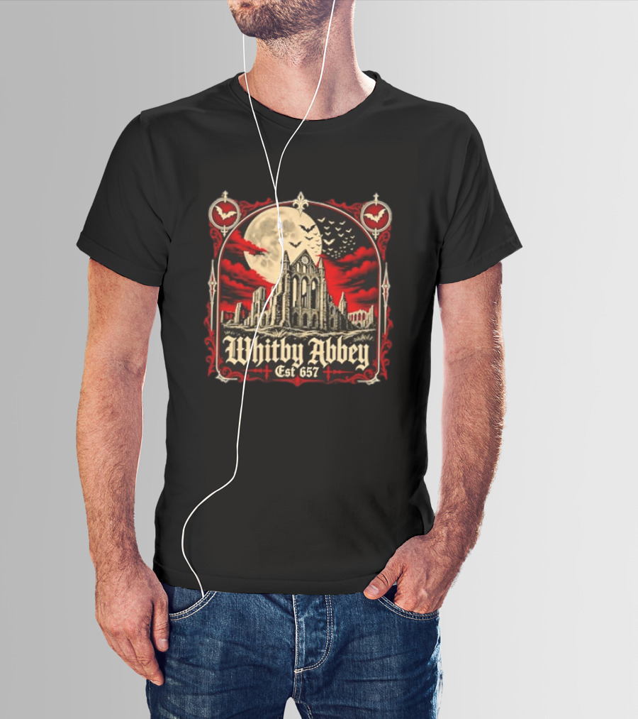 Whitby Abbey Gothic North Yorkshire England Est 657 Moon Bats T-Shirt