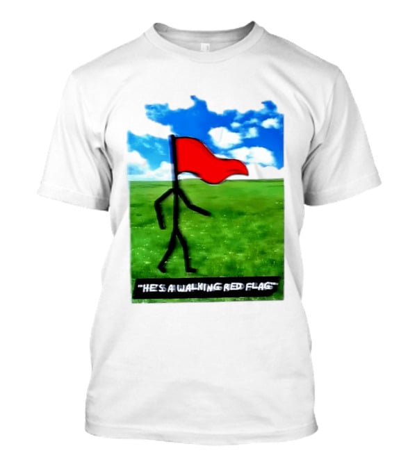 Stick Figure With Red Flag Walking In Field With Blue Sky T-Shirt