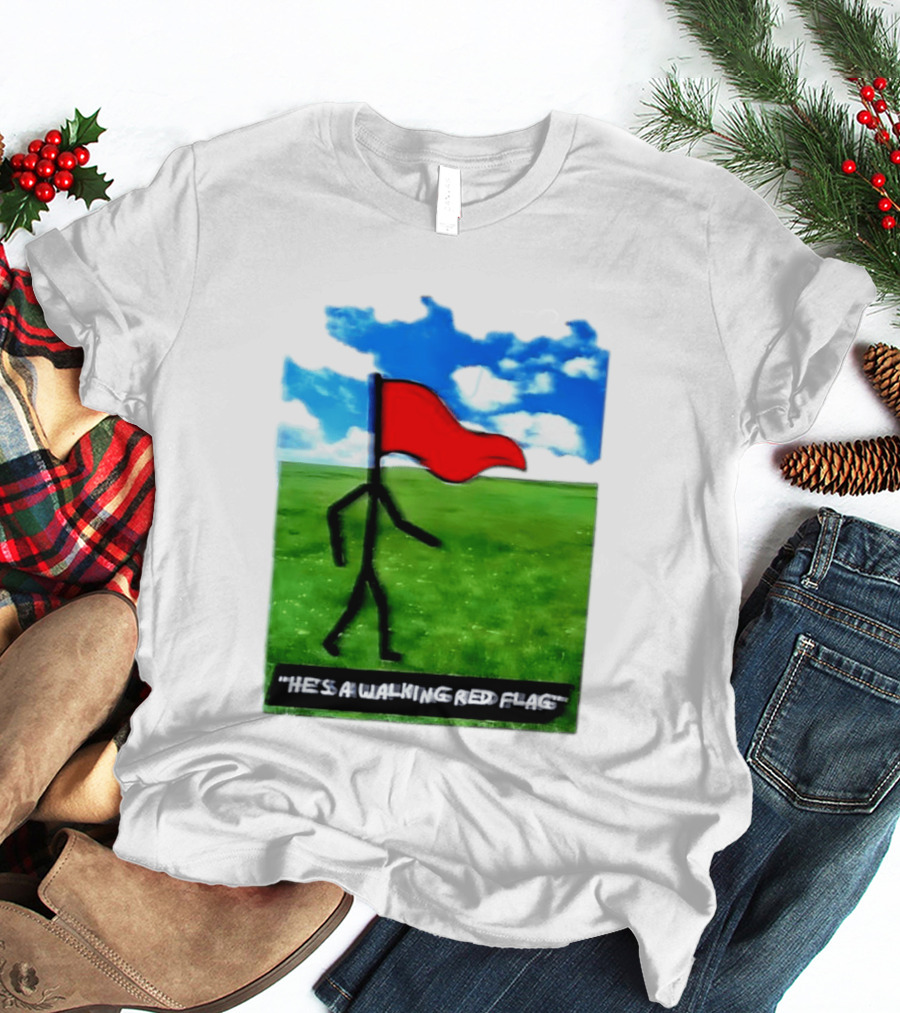 Stick Figure With Red Flag Walking In Field With Blue Sky T-Shirt