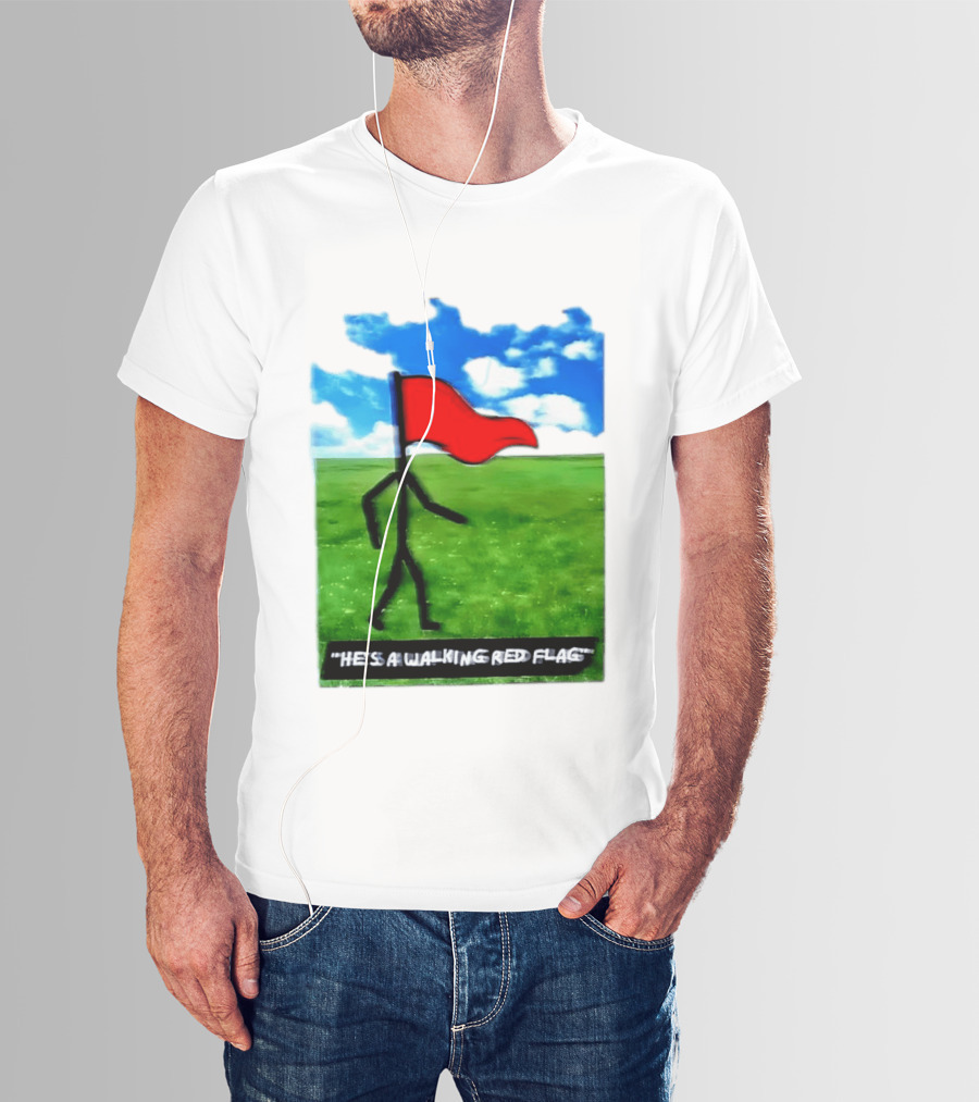 Stick Figure With Red Flag Walking In Field With Blue Sky T-Shirt