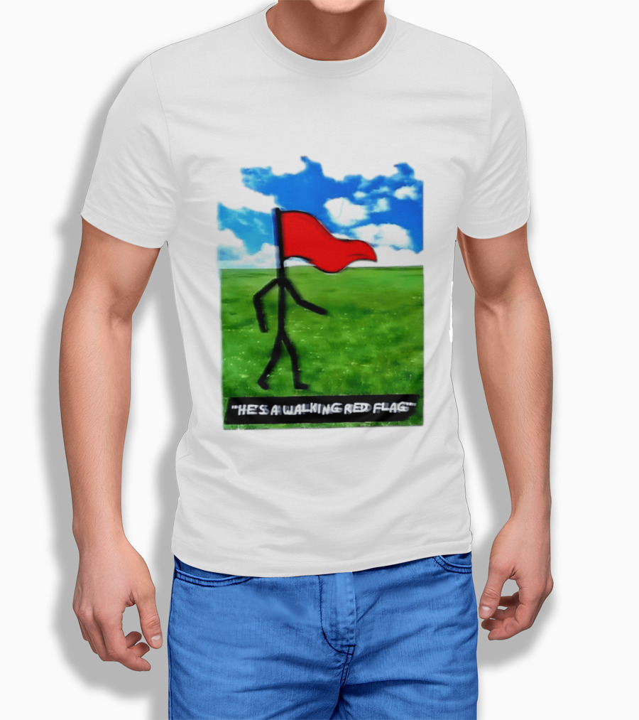 Stick Figure With Red Flag Walking In Field With Blue Sky T-Shirt