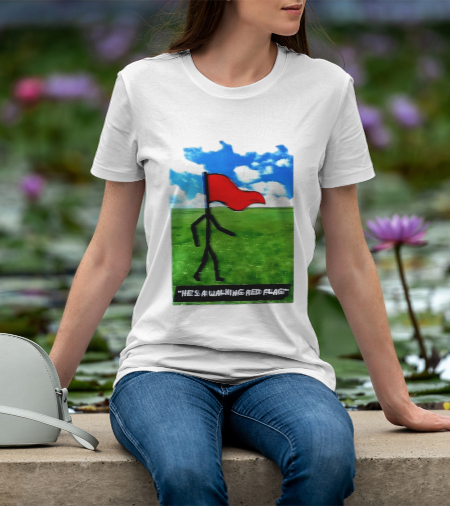 Stick Figure With Red Flag Walking In Field With Blue Sky T-Shirt