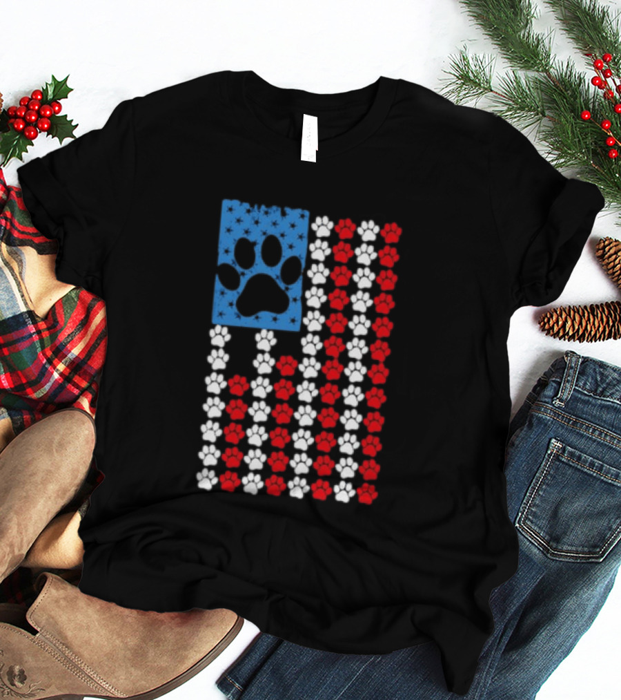 American Flag Paw Print Patriotic Animal Lover Dog Cat Pet Iconic USA Pride T-Shirt