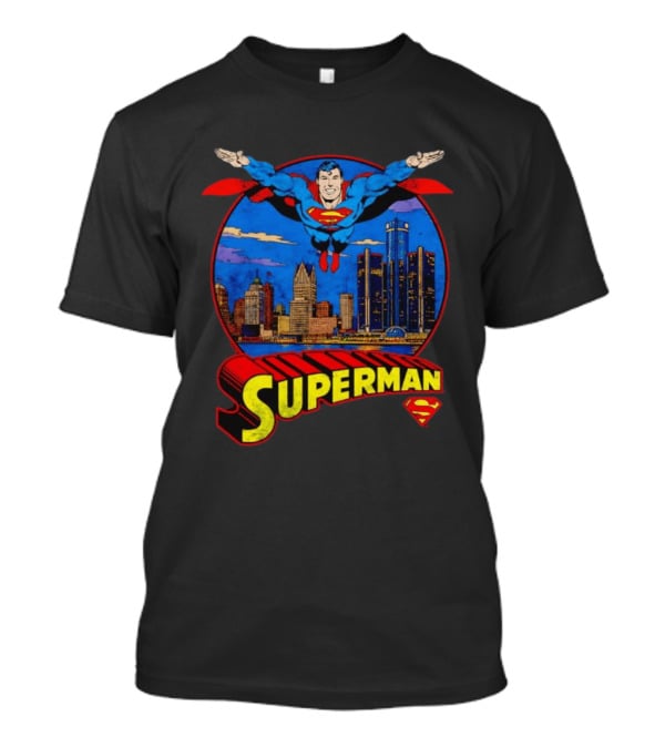 Superman Flying Over Detroit Skyline Vintage Comic T-Shirt