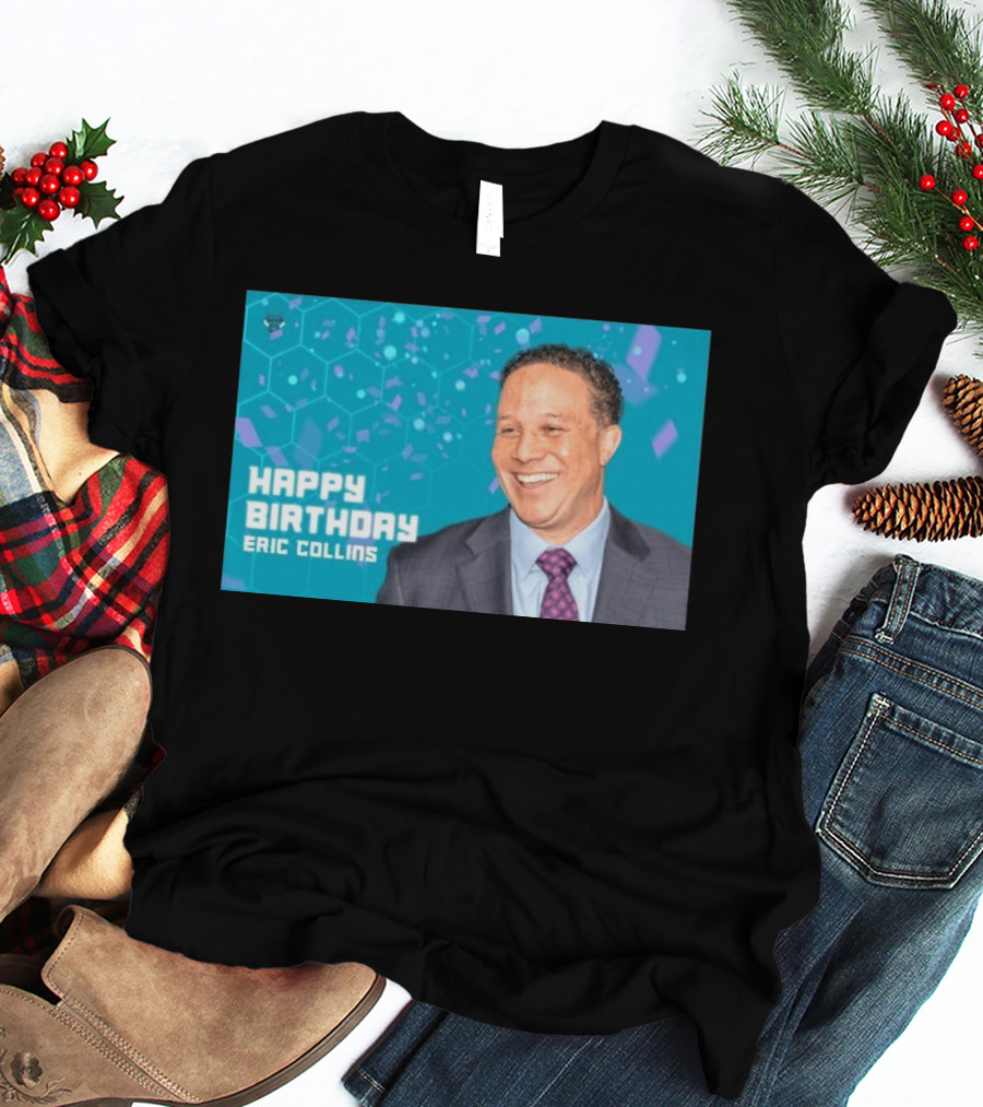 Happy 57th Birthday Eric Collins Celebration With Smiling Man And Turquoise Hexagonal T-Shirt