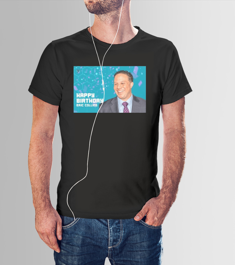 Happy 57th Birthday Eric Collins Celebration With Smiling Man And Turquoise Hexagonal T-Shirt
