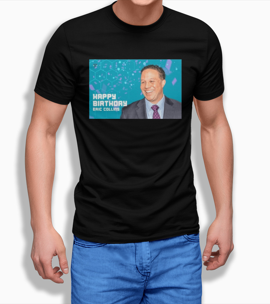 Happy 57th Birthday Eric Collins Celebration With Smiling Man And Turquoise Hexagonal T-Shirt