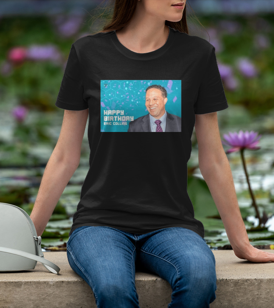 Happy 57th Birthday Eric Collins Celebration With Smiling Man And Turquoise Hexagonal T-Shirt