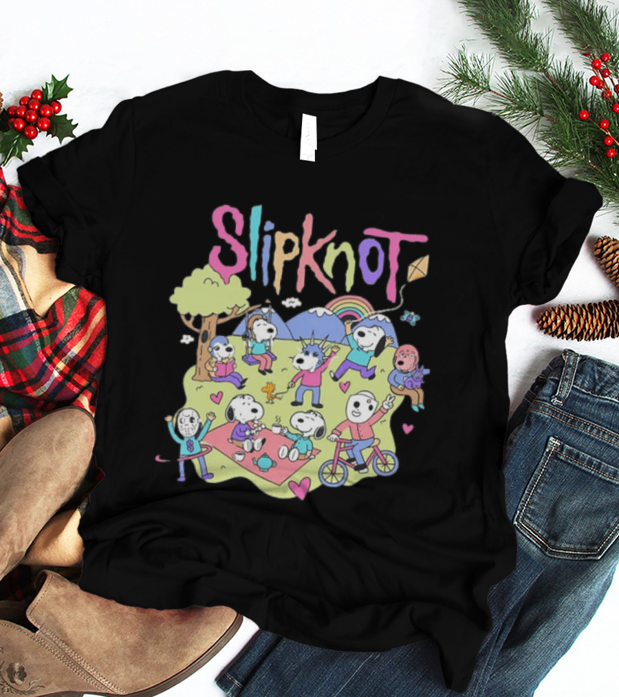 Snoopy Peanuts Characters Playing In Park With Slipknot T-Shirt