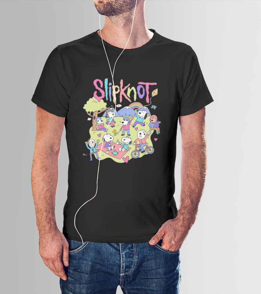 Snoopy Peanuts Characters Playing In Park With Slipknot T-Shirt