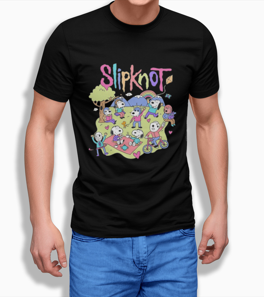 Snoopy Peanuts Characters Playing In Park With Slipknot T-Shirt