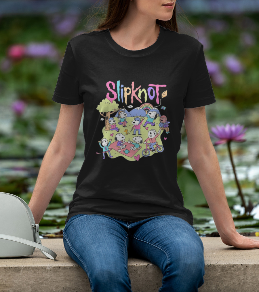 Snoopy Peanuts Characters Playing In Park With Slipknot T-Shirt