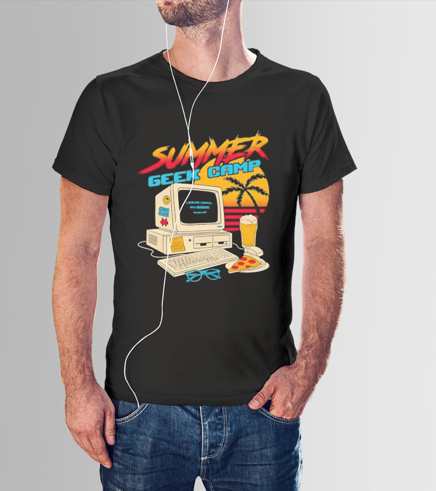 Summer Geek Camp Retro Computer Pizza And Palm Vibes T-Shirt