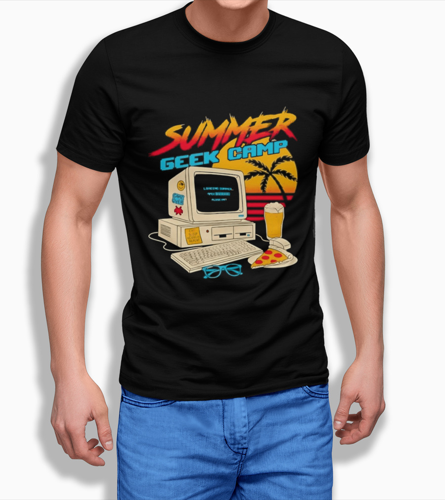 Summer Geek Camp Retro Computer Pizza And Palm Vibes T-Shirt
