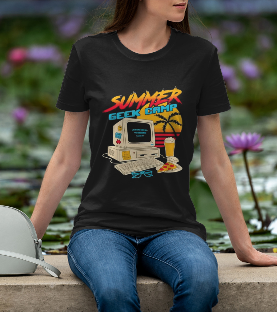 Summer Geek Camp Retro Computer Pizza And Palm Vibes T-Shirt