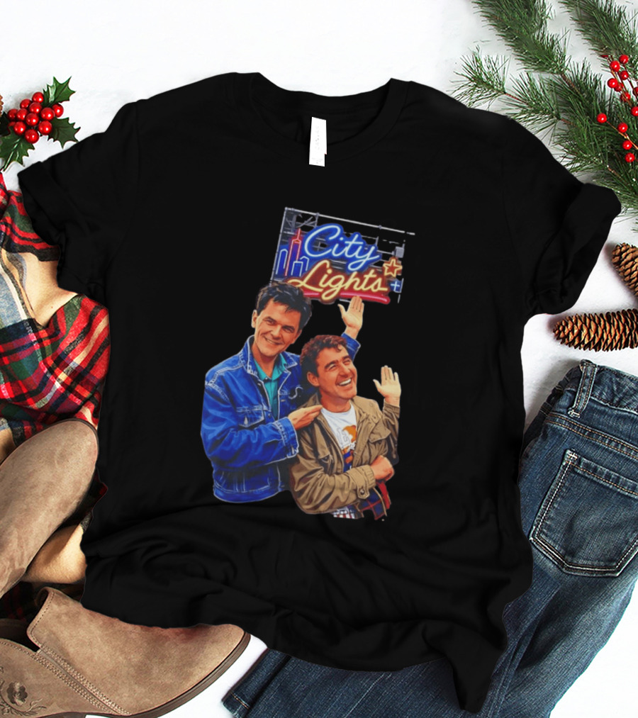 Two Men Smiling And Waving City Lights Neon Sign T-Shirt