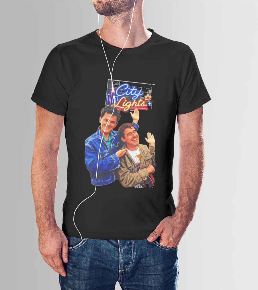Two Men Smiling And Waving City Lights Neon Sign T-Shirt
