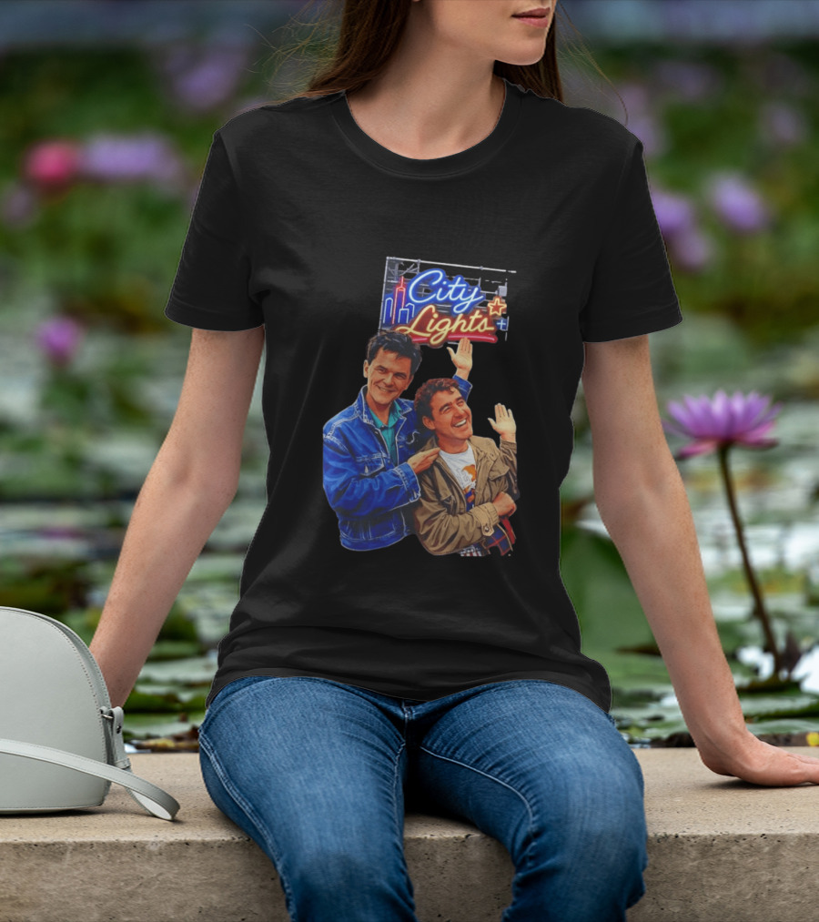 Two Men Smiling And Waving City Lights Neon Sign T-Shirt