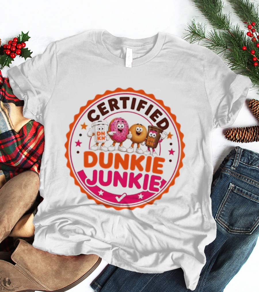 Certified Dunkie Junkie Characters Badge Coffee Donut Fun T-Shirt