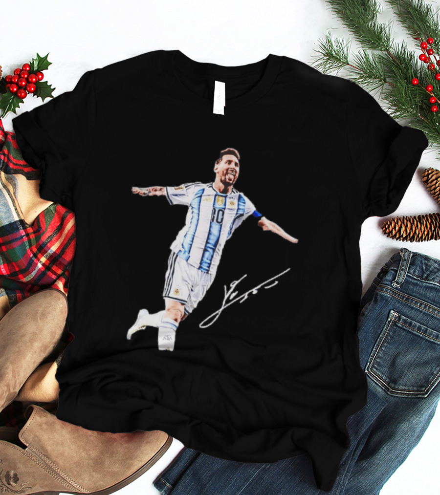 Lionel Messi 10 Argentina Jersey Signature Soccer Legend Celebration T-Shirt