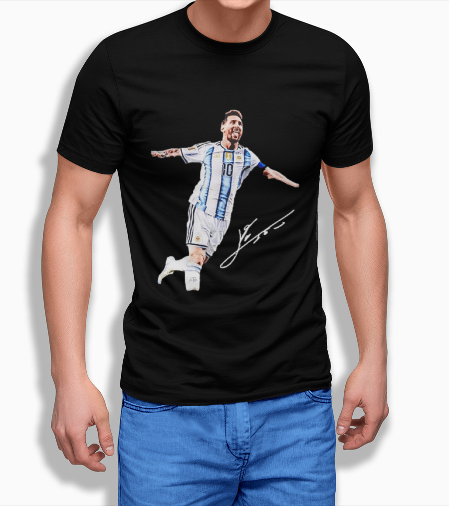 Lionel Messi 10 Argentina Jersey Signature Soccer Legend Celebration T-Shirt
