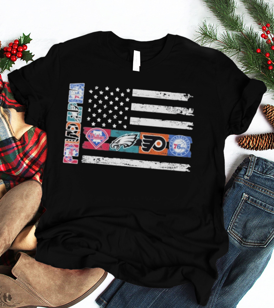 Philadelphia Sports Teams 250th Anniversary USA Flag Phillies Eagles Flyers 76ers T-Shirt