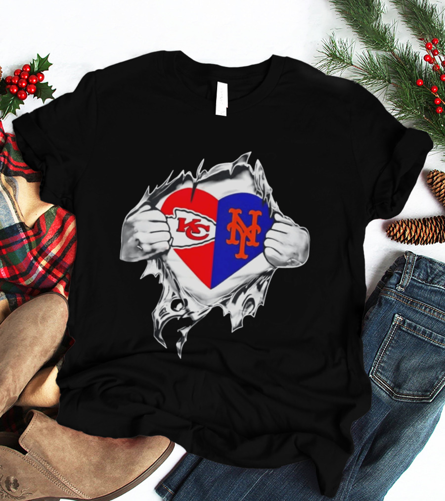 Kansas City Chiefs New York Mets Heart Torn Chest Combo T-Shirt